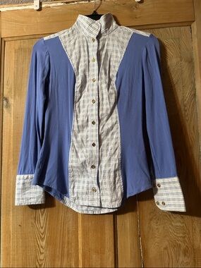 Le Fash Blue Plaid Panel Button-Front Women's  Show Top